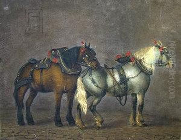 Two Horses In A Stable Interior Oil Painting by Benjamin Zobel