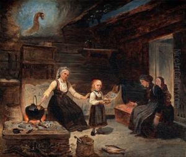 Interior With Woman And Children At A Kitchenhearth, Giving A Bowl Of Food To A Poor And Needy Woman And Herchildren Oil Painting by Kilian Christoffer Zoll