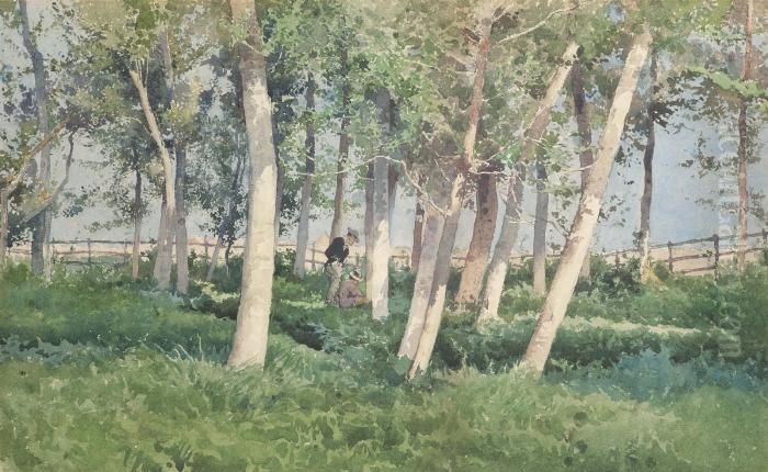 Figures In A Copse, A Village Beyond Oil Painting by Jean Henri Zuber