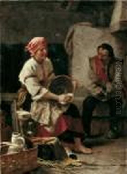 Bauerliches Interieur Mit Einem Jungen Paar.
 Signiert Und Datiert Oben Links: Juliusz Zuber Oil Painting by Julius Zuber