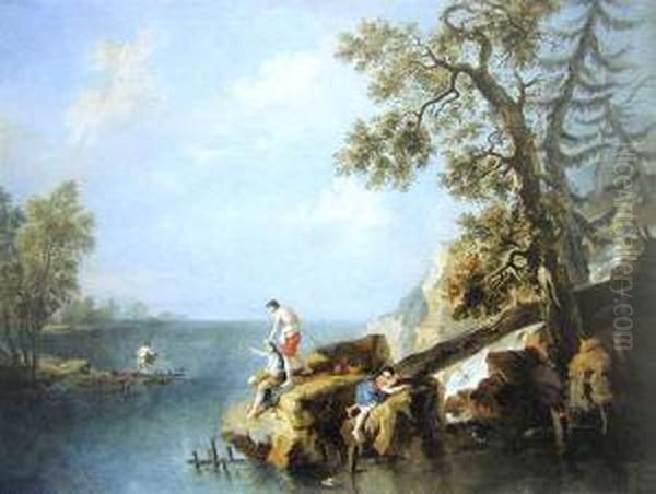 Rybacy Na Skalach Nad Zatoka, Xviii/xix W. Oil Painting by Francesco Zuccarellego