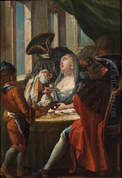 Scena Galante Con Personaggi In Maschera Oil Painting by Francesco Zugno