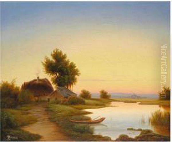 Abendstimmung Am Gewasser Oil Painting by Anton Georg Zwengauer