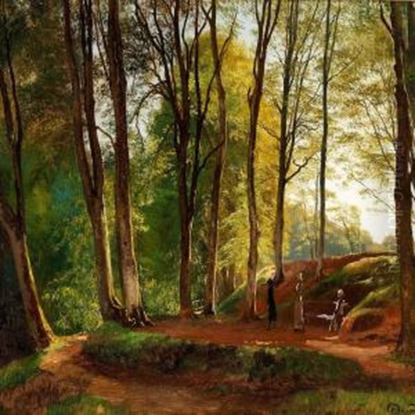 Summer Day In Saeby Skov With Three Young Ladies Strolling Oil Painting by Carl Frederick Aagaard