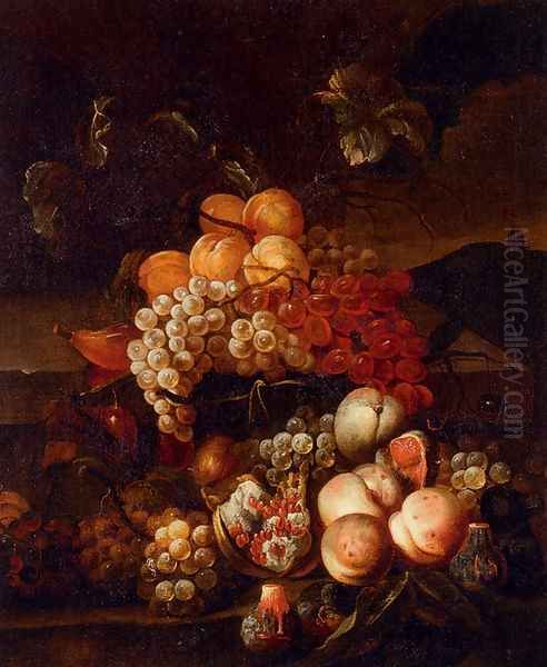 Still Life Of Grapes, Peaches, And Figs With A Landscape Beyond Oil Painting by Jakab Bogdany