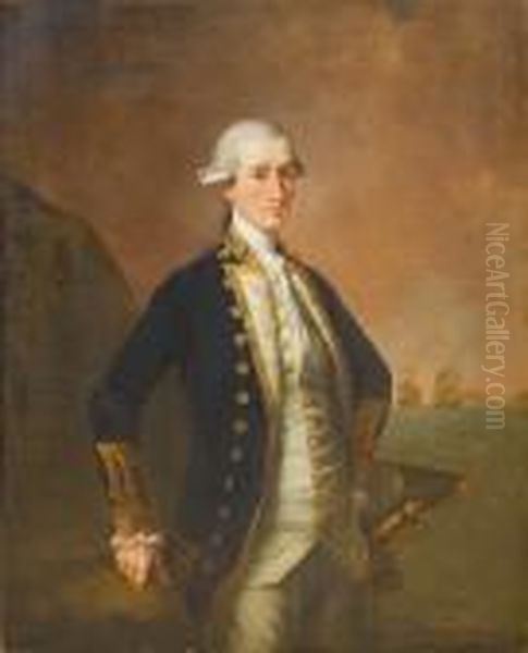 Portrait Of Captain Sir George 
Montagu, Standing, Three-quarter-length, With Shipping Beyond Oil Painting by Lemuel-Francis Abbott