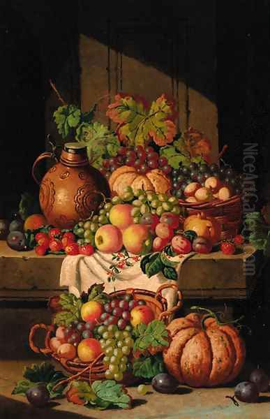 A flask on a ledge, with baskets of grapes, plums, apples and squashes Oil Painting by Charles Thomas Bale