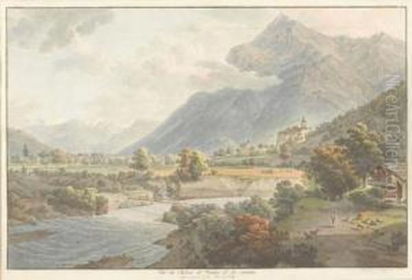 Vue Du Chateau De Wimmis Et Des Environs Oil Painting by Johann Ludwig Aberli