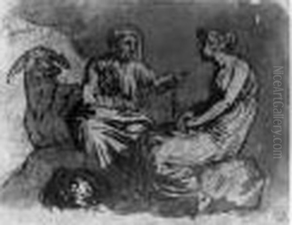 Une Vieille Femme Tenant Une 
Quenouille S'adressant A Une Jeune Femme; Un Ane Et Un Chien A Leurs 
Pieds Oil Painting by Nicolas-Abraham Abilgaard