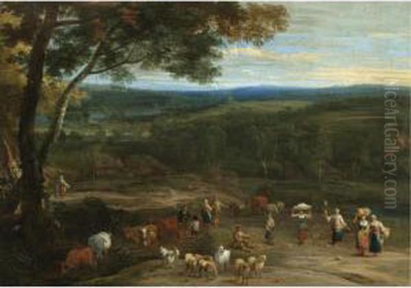 An Extensive Landscape With 
Figures On High Ground Passing A Herdsman Grazing His Cattle And Sheep Oil Painting by Lucas Achtschellinck