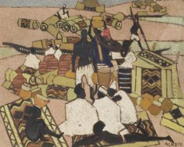 Le Marche Des Tapis A Mopti Oil Painting by Marcelle Ackein