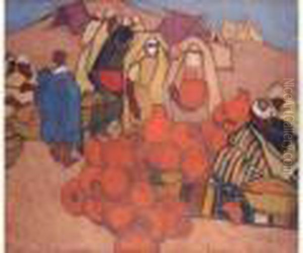 Un Marche De Poteries Africain. Oil Painting by Marcelle Ackein