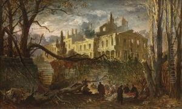 Lagernde Soldaten Vor Einem
 Zerstorten Schloss. Oil Painting by Eugen Adam