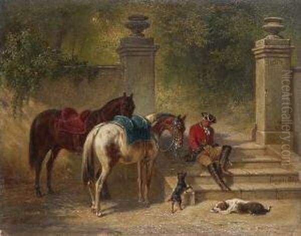 Rokokokavalier Mit Zwei Pferden
 Und Hunden Am Treppenaufgang Zum Schlosspark. Oil Painting by Eugen Adam