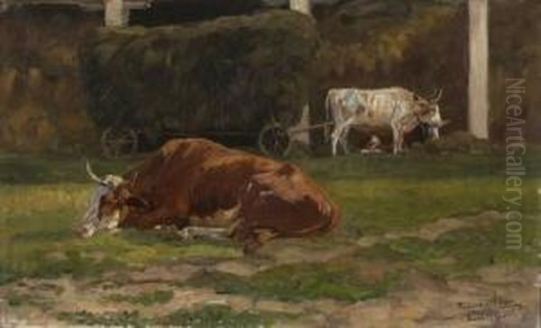 Ruhende Rinder Mit
 Heuwagen. Oil Painting by Richard Benno Adam