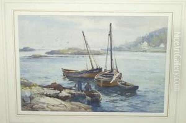 Figures And Fishing Boats Beside A Shoreline, Cottages In The Distance Signed Oil Painting by Charles William Adderton