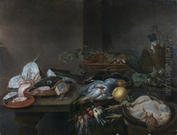 Nature Morte Aux Poisson, Volaille, Homard, Vaneau, Perdreaux Oil Painting by Alexander Adriaenssen