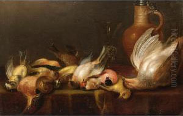 A Partridge And Various Song 
Birds With A Facon-de-venise Glass And Stoneware Jug With Tin Cover Oil Painting by Alexander Adriaenssen