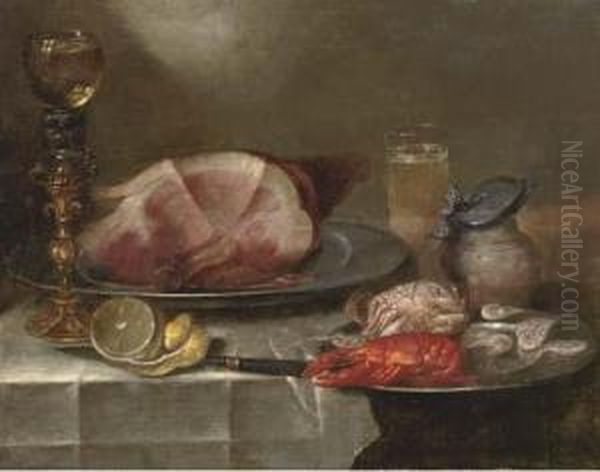 A Ham On A Pewter Plate, A 
'roemer' On A Stand, A Partially Peeled Lemon, A Pewter Plate With A 
Lobster, A Crab And Shrimps, A Pitcher And A Glass Of Beer Oil Painting by Alexander Adriaenssen