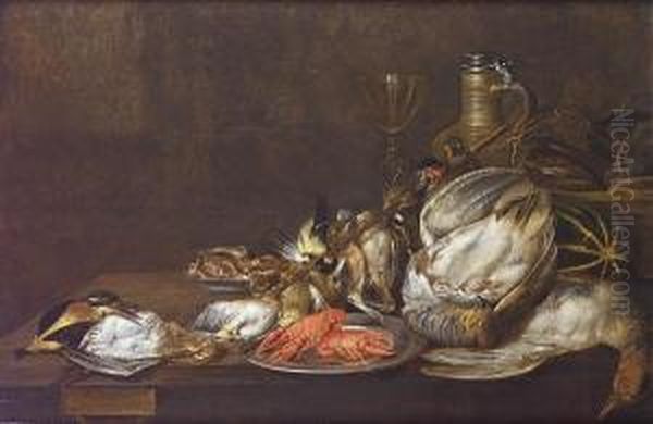 Dead Finches With A Pewter Dish 
Of Crayfish And A Dead Kingfisher, Grouse And Duck On A Table-top Oil Painting by Alexander Adriaenssen