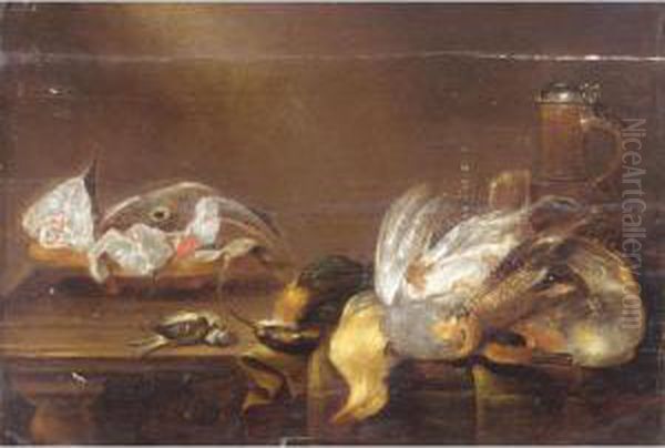 Still Life With A Bowl Of Fish, A
 Glass, A Flagon, Together With A Partridge, A Kingfisher, A Blue Tit 
And Other Songbirds On A Wooden Table Oil Painting by Alexander Adriaenssen