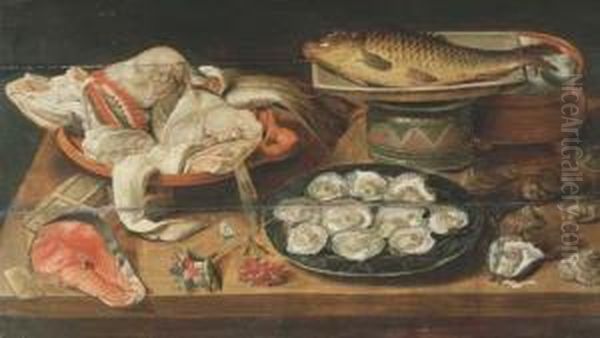 Huitres, Poissons Et Oeufs Dans 
Differents Plats, Une Darne Desaumon, Des Fleurs Et Des Coquillages Sur 
Un Entablement Enbois Oil Painting by Alexander Adriaenssen