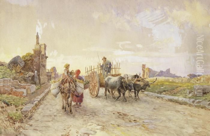 Lastesel Mit Bauersfrau Und Kind Und Ochsenkarren In Der Romischen Campagna Oil Painting by Franz Theodor Aerni