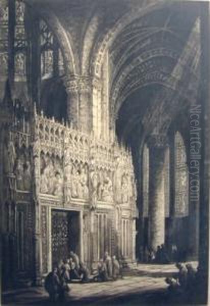 'cathedral Interior', Etching, 
62cm X 43cm, Signed In Pencil, Framed, Plus One Other Smaller Oil Painting by Andrew F. Affleck