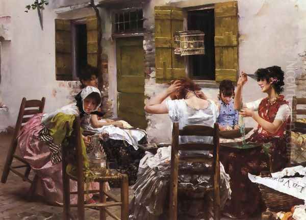 Venetian Bead Stringers Oil Painting by Robert Frederick Blum