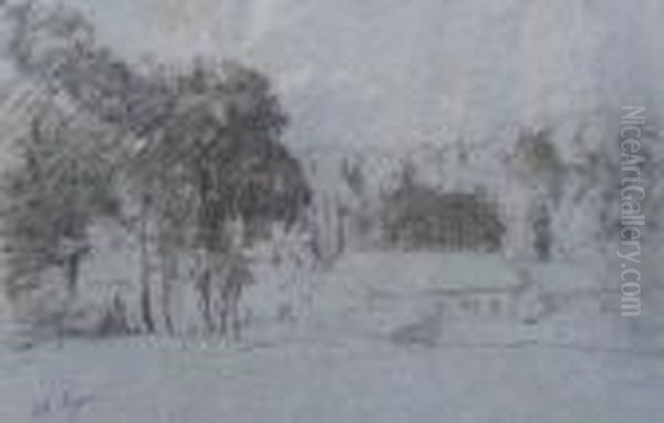 Wooded Landscape With Outbuildings Oil Painting by Jean-Charles Cazin