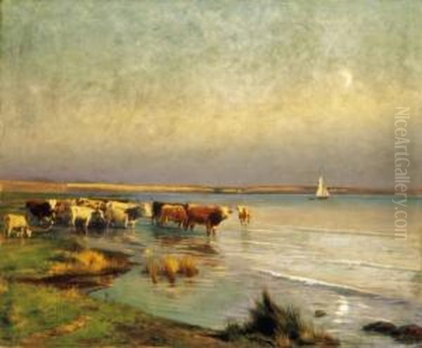Cows By The Lake Balaton Oil Painting by Gyula Agghazy