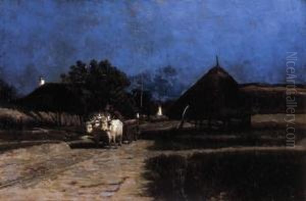 Night In The Village Oil Painting by Gyula Agghazy