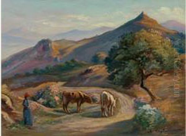 Jeune Fille Et Ses Vaches. Oil Painting by Romeo Charles Aglietti