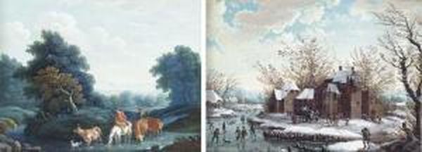 A Wooded Landscape With Peasants
 And Cattle Fording A Stream; And Awinter Landscape With Skaters By A 
Fortified Farm Oil Painting by Christophe-Ludwig Agricola