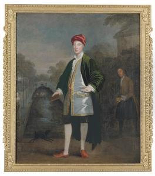 Portrait Of A Gentleman, 
Probably Richard Boyle, 3rd Earl Ofburlington And 4th Earl Of Cork 
(1694-1753), Full-length, With Hisgardener, James Scott, Before A 
Rectangular Pond In A Garden,probably Chiswick Oil Painting by William Aikman