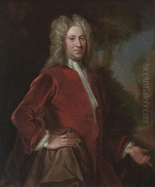 Portrait Of Charles, 9th Lord 
Elphinstone (1676-1738), Three-quarter-length, In A Red Velvet Coat, In A
 Landscape Oil Painting by William Aikman