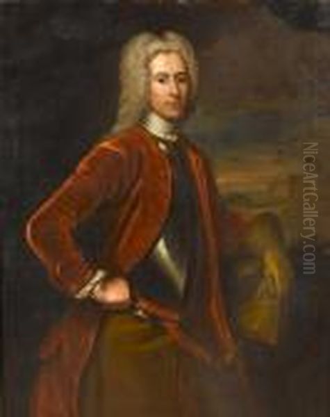 Portrait Of A Gentleman, 
Three-quarter-length, In A Burgundy Coat With A Breast Plate, Holding A 
Glove, A View To A Castle And A Landscape Beyond Oil Painting by William Aikman