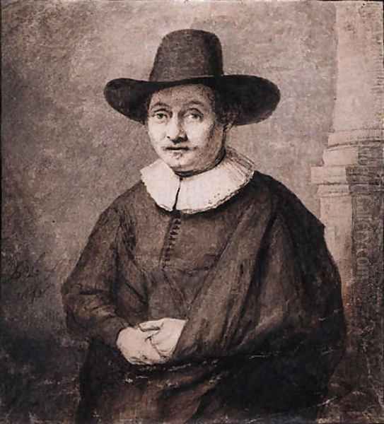 Portrait of a Gentleman wearing a Hat, standing by a column Oil Painting by Ferdinand Bol