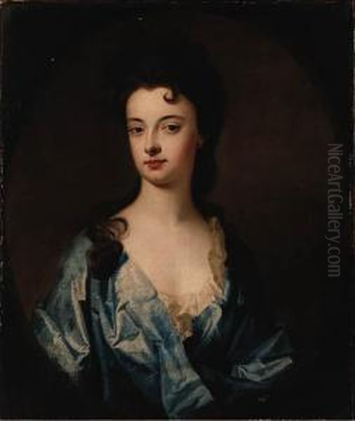 Portrait Of A Lady, Said To Be 
The Countess Of Dorchester, Halflength, Wearing A Blue Dress, In A 
Painted Oval Oil Painting by William Aikman