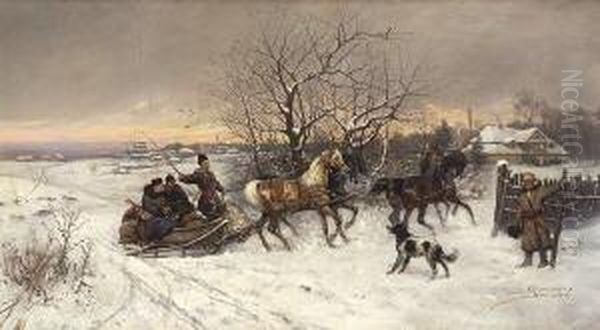 Ankunft Des
 Pferdeschlittens. Oil Painting by Thaddaus von Ajdukiewicz