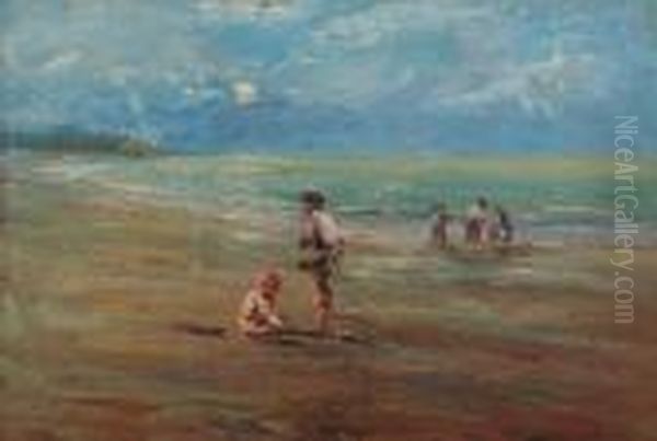Bambini Sulla Spiaggia Oil Painting by Lidio Ajmone