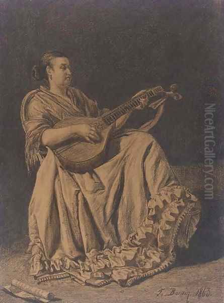 A seated woman playing a mandolin Oil Painting by Francois Bonvin