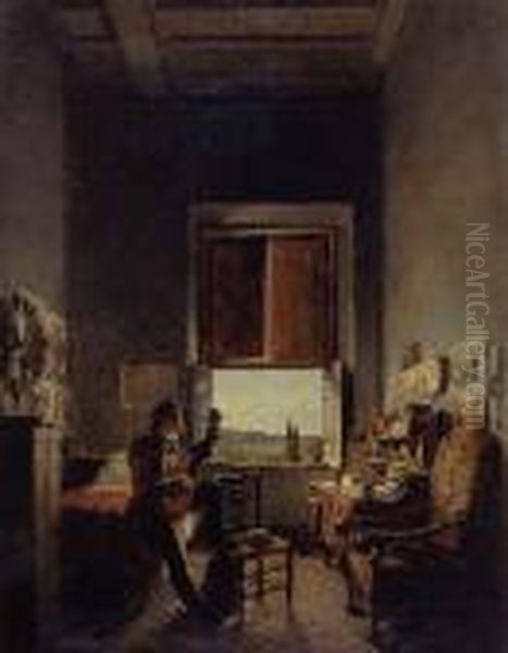 Louis-vincent-leon Palliere In His Studio At The Villa Medici Oil Painting by Jean Alaux