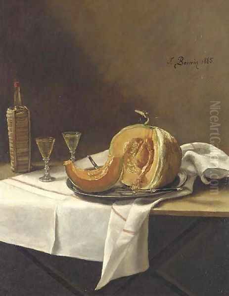 Nature morte avec un melon, une bouteille de vin et un verre sur une table Oil Painting by Francois Bonvin