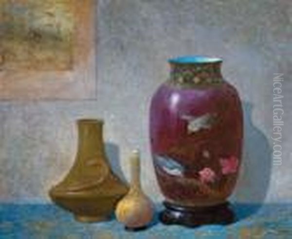 Plum Colored Cloisonne Oil Painting by Ernest Albert