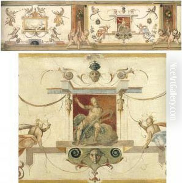 A Decorative Panel With 
Grotesques And Putti Flanking Panels With A Landscape And Neptune Oil Painting by Cherubino Alberti