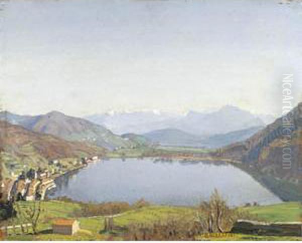 Lago Di Lugano, Primavera A Ponte Tresa Oil Painting by Oreste Albertini