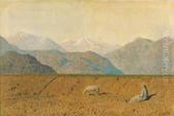 Paesaggio Montano Con Contadina E Pecora Oil Painting by Oreste Albertini