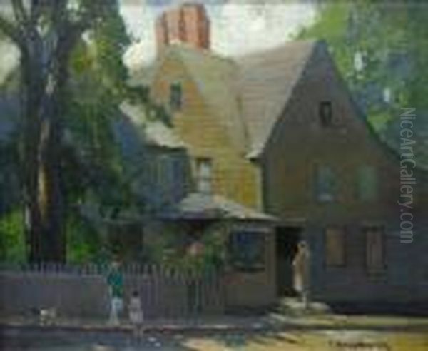 Figures And Terrier Outside
Midwestern Home Oil Painting by George Ames Aldrich