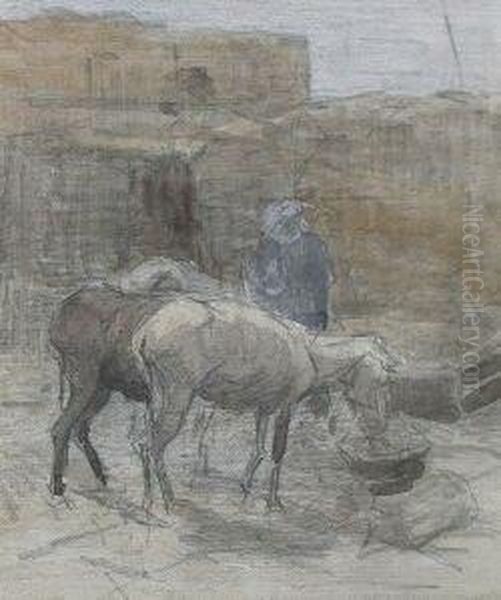 Feeding The Mules Oil Painting by Edwin Alexander